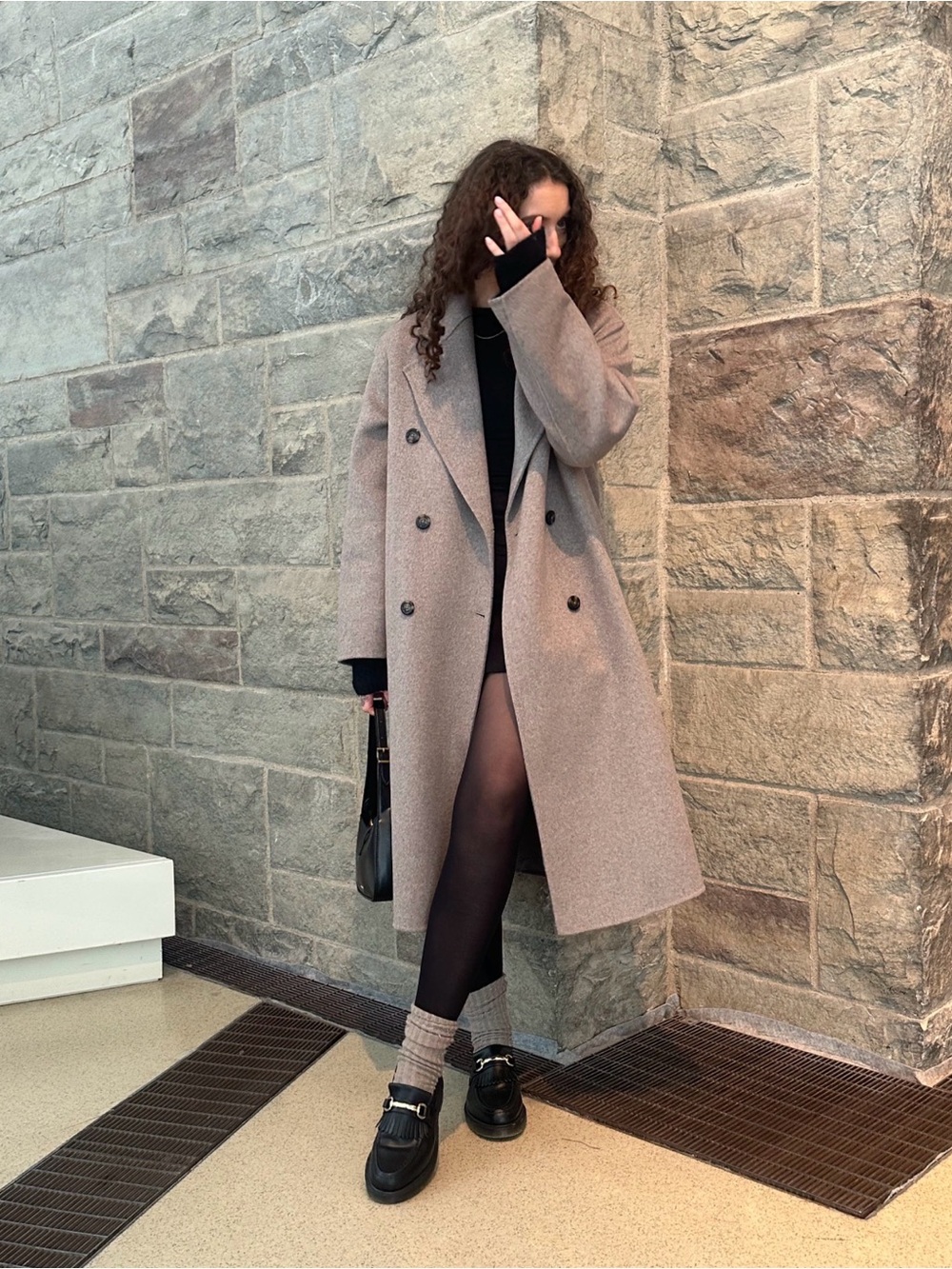 Handmade Double-Breasted Long Wool Coat in Taupe
